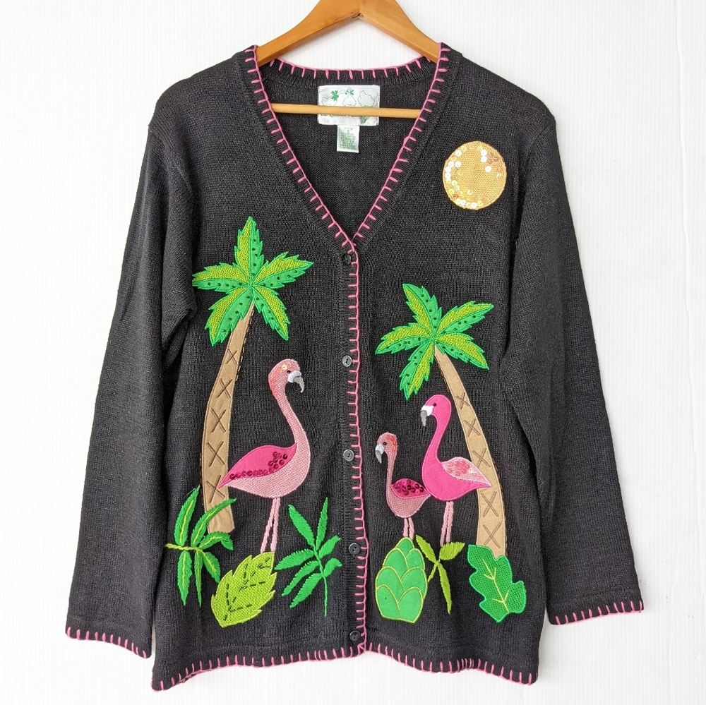 The Quacker Factory VINTAGE flamingo palm tree Sequined Aloha hawaiian Cardigan